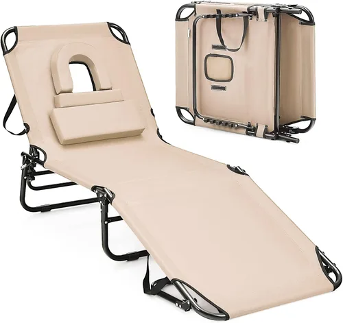HAPPYGRILL Tumbona plegable con agujero facial y almohadas desmontables, silla de bronceado portátil para tomar el sol con 5 posiciones ajustables,