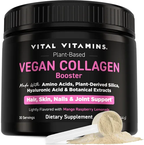 Vital Vitamins Polvo de refuerzo de colágeno vegano – Hecho con aminoácidos, sílice, ácido hialurónico y extractos botánicos – a base de plantas –