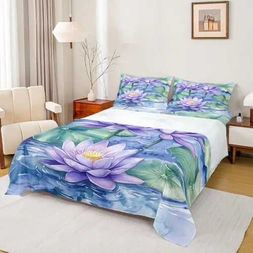 Manfei Juego de sábanas de flor de loto morado, tamaño individual, juego de ropa de cama bohemio con libélula para niños, niñas y adultos, juego de