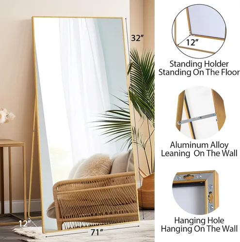 Miniatura 2 de Beauty4U Espejo grande de longitud completa de 71 x 32 pulgadas con soporte, espejo dorado de cuerpo completo, marco de metal, espejo templado