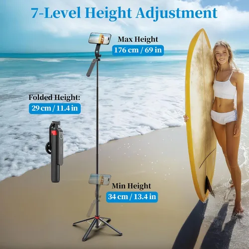 Miniatura 4 de PlusAcc Trípode magnético para selfie stick de 69 pulgadas, soporte extensible para teléfono MagSafe, soporte de viaje de rotación de 360°