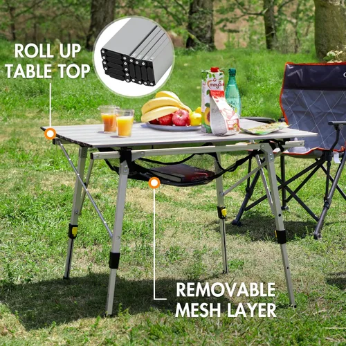 Miniatura 6 de Portal Mesa de Camping Plegable de Aluminio para Exteriores, Mesa de Picnic Portátil con Altura Ajustable, Top de Malla Enrollable, Plata Plateado