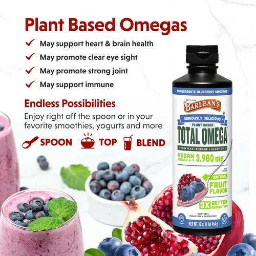 Miniatura 3 de Barlean's Suplemento líquido vegano de aceite de linaza, borraja y algas, Omega 3 6 9, granada y arándano, 3,980 mg de GLA, EPA y DHA de ácido