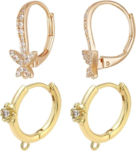 Miniatura 8 de Beebeecraft 1 caja de 14 ganchos de circonita cúbica chapados en oro de 18 quilates, aretes de aro de clip francés con lazo para hacer aretes