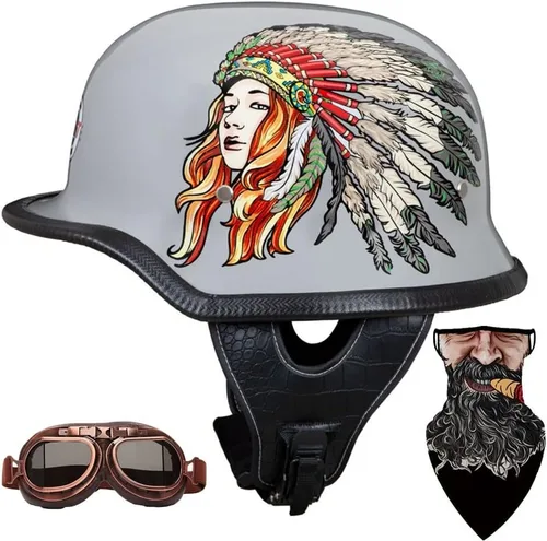 Casco retro de motocicleta de estilo alemán, 100% aprobado por el DOT, casco de media cáscara para hombre y mujer, casco medio abierto con hebilla
