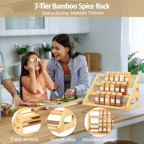 Miniatura 3 de Estante de especias – Organizador de especias escalonado para gabinete – Estante de especias de bambú de 3 niveles para encimera