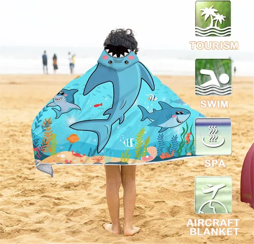 Miniatura 3 de Bonsai Tree Toalla de playa con capucha de tiburón para niños, toalla de baño con capucha de peces marinos frescos para niños, divertidos animales