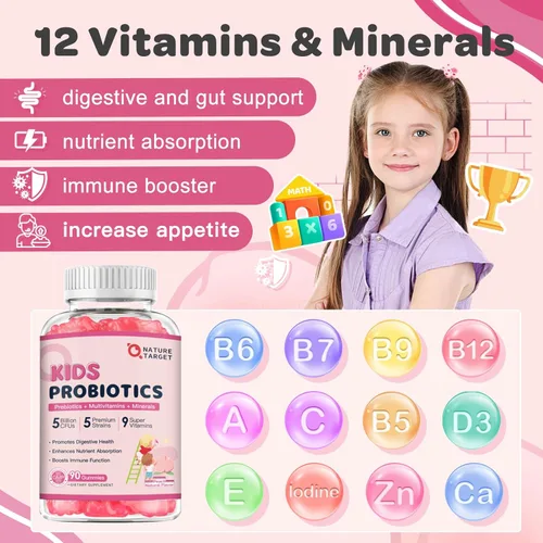 Miniatura 5 de Probióticos para niños, gomitas probióticas multivitamínicas para niños con 5 mil millones de UFC para salud digestiva y apoyo inmunológico