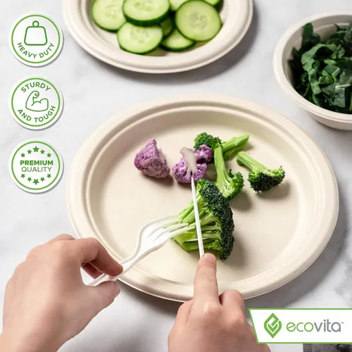 Miniatura 4 de Ecovita Platos de papel 100 % compostables [9 pulgadas] – 150 platos desechables ecológicos, resistentes, libres de árboles, líquidos y resistentes