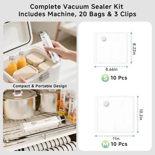 Miniatura 7 de Mehomeli Sellador al vacío compacto para alimentos (máquina selladora al vacío + 20 bolsas de vacío reutilizables), potente máquina selladora al