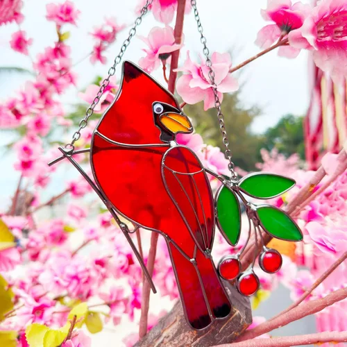 Miniatura 4 de Adornos de pájaros rojos, atrapasoles de vitral, colgante de vitrales cardenales, decoración cardenal para inauguración de la casa, regalos