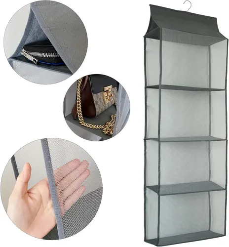 Miniatura 4 de Soporte para bolso de armario, bolso colgante que ahorra espacio, organizador de bolsa con 4 estantes grandes de malla resistente para armario