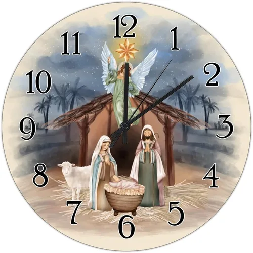 Miniatura 13 de Reloj de pared de madera de regalo cristiano de Feliz Navidad, Jesús es la razón, escena de la natividad, relojes de pared colgantes de granja