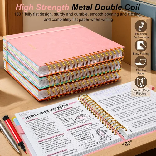 Miniatura 3 de Cuaderno de espiral con tapa dura, de 8 x 10 pulgadas, separadores y divisores extraíbles, 300 páginas, 5 asignaturas, a rayas, de piel sintética
