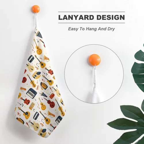 Miniatura 5 de Toallas de mano con estampado de instrumentos musicales retro para baño, cocina, bonitas toallas de cocina colgantes con lazo para colgar, toalla