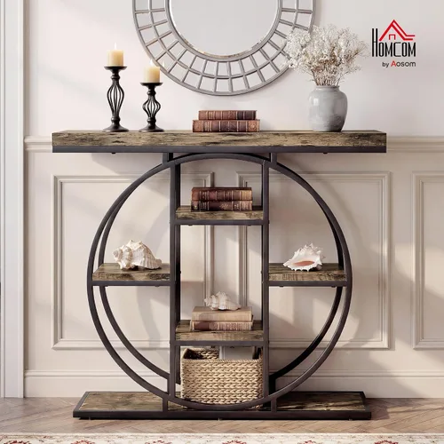 Miniatura 3 de HOMCOM Mesa de entrada, mesa de sofá consola de 39.4 pulgadas con estantes de almacenamiento y marco de acero circular, mesas decorativas de madera