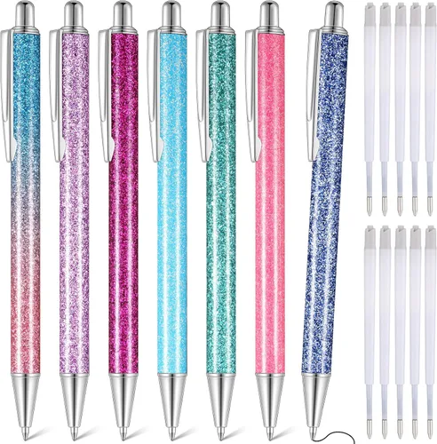 Miniatura 13 de Sherr 7 bolígrafos elegantes para mujer, lindos bolígrafos de purpurina brillantes con 10 recambios de tinta negra, bonitos regalos para niñas