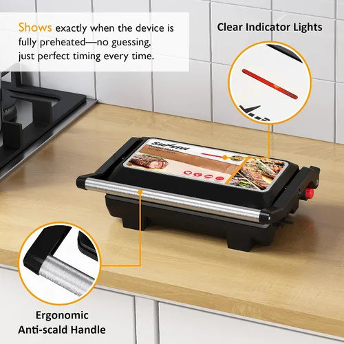 Miniatura 7 de Sunvivi Sandwichera Panini Press: Parrilla eléctrica de prensa Panini con tapa de bloqueo, fabricante de panini portátil para interiores con placas