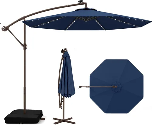 Tangkula Sombrilla de patio de 10 pies con base incluida, sombrilla voladiza para exteriores con 40 luces LED solares, ajuste de inclinación, mango