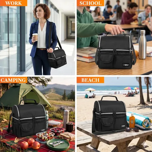 Miniatura 7 de Opux - Bolsa de almuerzo aislada de doble compartimento para hombres y mujeres Bolsa de almuerzo reutilizable con correa para el hombro, forro