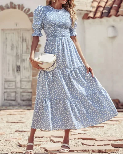 Miniatura 105 de BTFBM Vestidos para mujer, cuello redondo, casual, de verano, con volantes, manga corta, bohemio, con niveles, fruncido, largo, con estampado floral