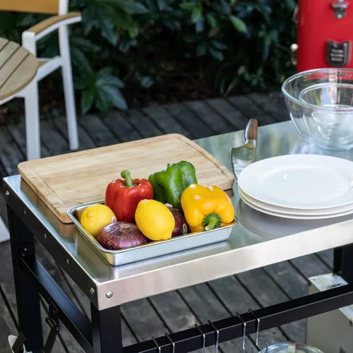 Miniatura 7 de Royal Gourmet Mesa de Carrito de Comedor con Doble Estante, Carrito de Parrilla de Superficie Plana de Acero Inoxidable Móvil, Ganchos, Mango