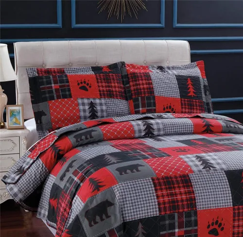 Miniatura 2 de Juego de edredones rústicos de oso, tamaño matrimonial/queen, colcha a cuadros rojo y negro, ropa de cama ligera, colcha de cabaña de lodge, Rojo