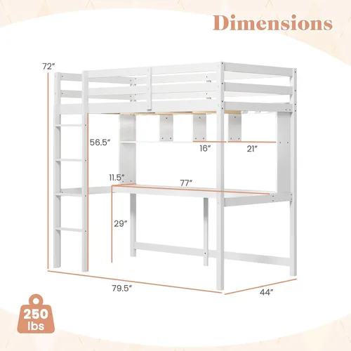 Miniatura 2 de Giantex Cama alta individual con escritorio y estantería, marco de cama alta de madera maciza con barandillas de seguridad y escalera, marco de cama