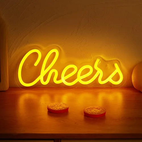 Letrero LED de neón con texto en inglés "Cheers", lámpara de neón alimentada por USB, luz nocturna, arte de pared 3D, letreros de neón para