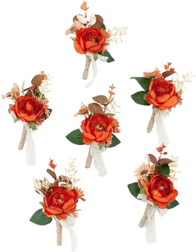 Ansofi Juego de 6 boutonniere naranja quemado para hombres para boda, novios padrinos de boda, boutonniere para ceremonia de boda rústica bohemia