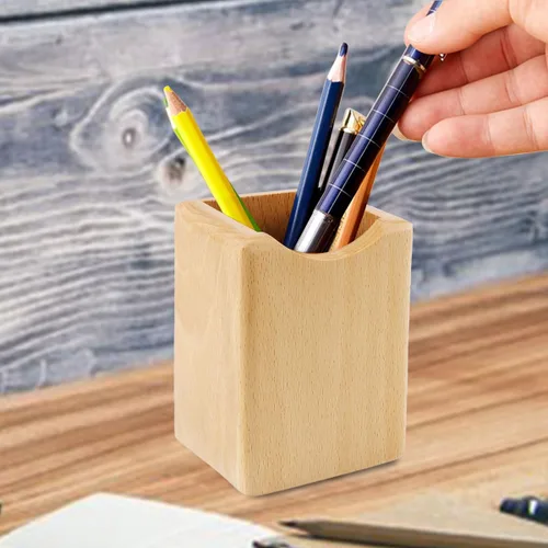 Miniatura 5 de Caja de bolígrafos de madera natural, organizador de papelería de escritorio, soporte creativo y simple de madera maciza para suministros de oficina