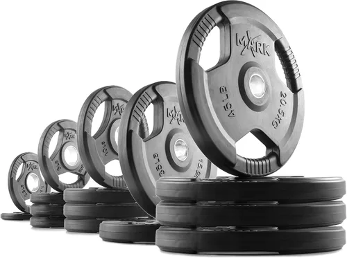 Miniatura 5 de XMARK TRI-GRIP - Par o juego de discos de peso olímpicos, pesas de ejercicio con revestimiento de goma para barra olímpica, juego de pesas