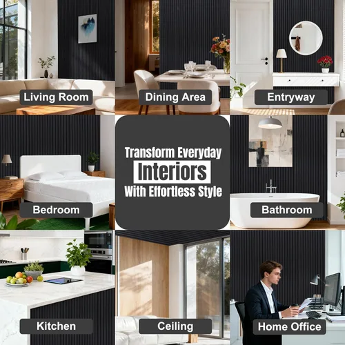 Miniatura 3 de Paneles de pared de listones de madera de ébano, paneles acústicos modernos oscuros para decoración del hogar, 47 x 24 pulgadas, paquete de 4
