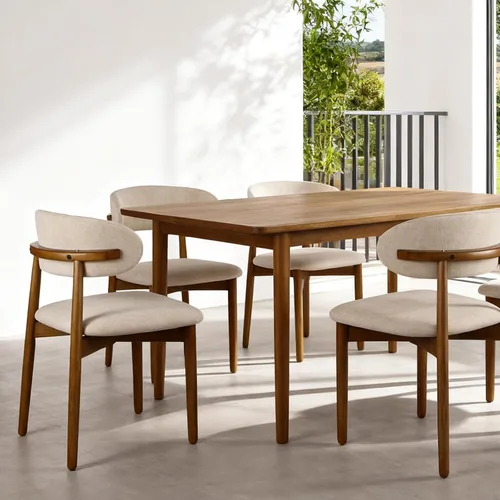 Miniatura 7 de Sillas de comedor tapizadas modernas, asiento de tela beige con patas de madera, sillas auxiliares de cocina contemporáneas, juego de 2