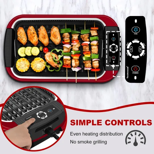 Miniatura 4 de Parrilla eléctrica para interiores sin humo, Techwood de 1500 W, con tapa de vidrio templado, parrilla de barbacoa coreana portátil antiadherente