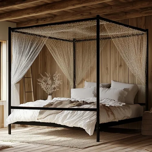 Miniatura 10 de Bonnlo Marco de cama con toldo negro tamaño matrimonial con cabecero, plataforma de metal de 10 pulgadas con 4 carteles, no necesita somier