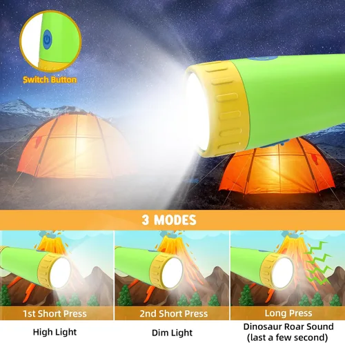 Miniatura 2 de Linterna recargable de dinosaurio con rugido para niños, linterna de campamento para niños, linterna de mano para niños, luces de Navidad