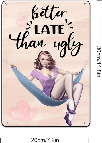 Miniatura 2 de Letrero decorativo de baño Pin Up Girl Metal Tin Sign Better Late Than Ugly Retro Decoración de pared para decoración de baño, dormitorio, vestido