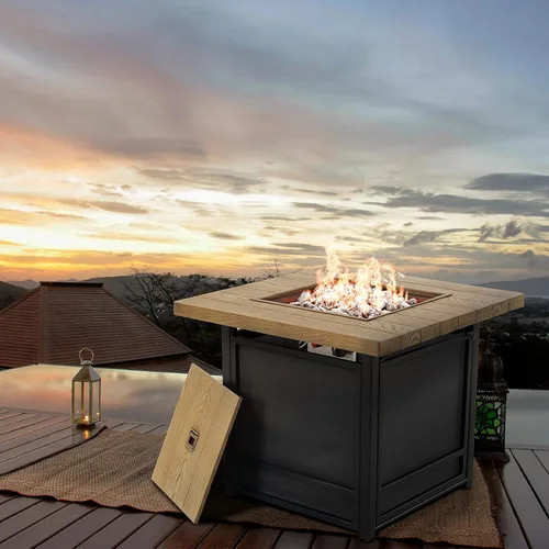 Miniatura 2 de Grand Patio - Hoguera de propano de 29 pulgadas al aire libre, mesa de hoguera cuadrada sin humo con base de cuerda, superficie de madera ligera