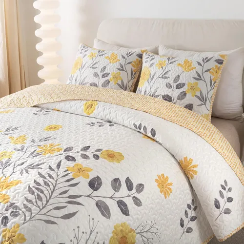 Miniatura 3 de Soul & Lane May Flowers - Juego de edredón gris y amarillo, tamaño individual con 1 funda, colcha acolchada floral ligera de verano, ropa de cama
