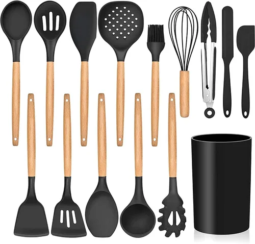 LIANYU Juego de utensilios de cocina de silicona de 15 piezas con soporte, herramientas de cocina con mango de madera, incluye espátula, pinzas,
