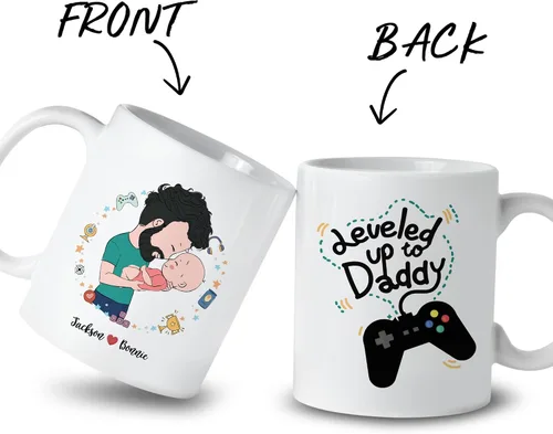 Miniatura 2 de Gossby Taza de café personalizada para el primer día del padre, Leveled Up to Daddy - Regalo personalizado para nuevo papá, regalo para papá por