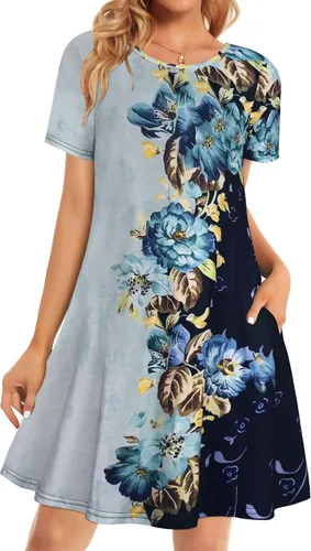 Miniatura 37 de Vestidos de verano para mujer, informales, holgados, estilo camiseta, florales, de manga corta, con vuelo y bolsillos, para la playa