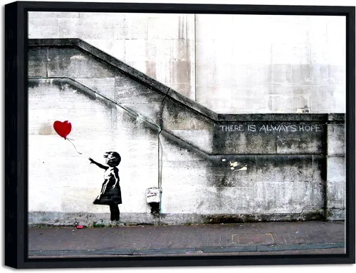 Wieco Art Lienzo enmarcado para pared, impresiones en lienzo Giclée de Banksy Grafitti Girl con globo rojo, ilustraciones abstractas para decoración