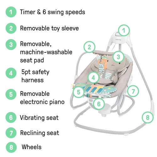Miniatura 5 de Ingenuity SimpleComfort Piano Playtime - Columpio y balancín 4 en 1 para bebé, calma y crece con el bebé, columpio giratorio en 3 direcciones, 6