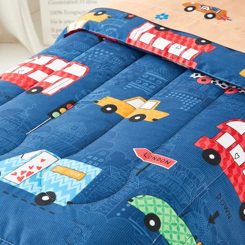 Miniatura 3 de Juego de ropa de cama para niños pequeños, color azul marino con autos coloridos, incluye 1 edredón para niños, sábana encimera, sábana bajera