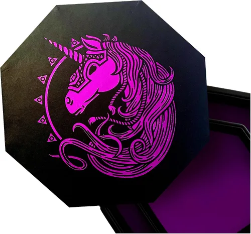 Fantasydice War Unicorn - Bandeja de dados octágonos púrpura de 9 pulgadas, diseño de unicornio majestuoso con tapa y área de montaje para juegos de