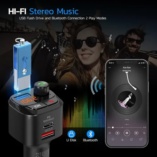 Miniatura 4 de Nulaxy Transmisor FM Bluetooth 5.0 para automóvil, QC3.0 y USB-C PD 18 W, adaptador de radio Bluetooth inalámbrico, reproductor de música, kit