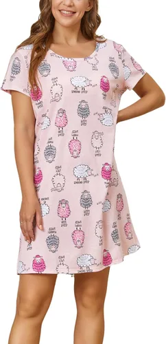 Miniatura 3 de Inadays Camisón de algodón para mujer, ropa de dormir de manga corta, camisón casual con estampado, vestido de dormir holgado y cómodo pijama