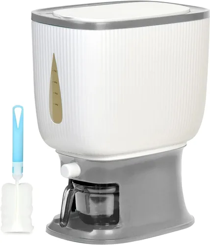 Dispensador de arroz para encimeras, sella 20 libras de alimentos en tu dispensador pequeño, fuerte y ligero de arroz y cereales, cepillo y taza Gris